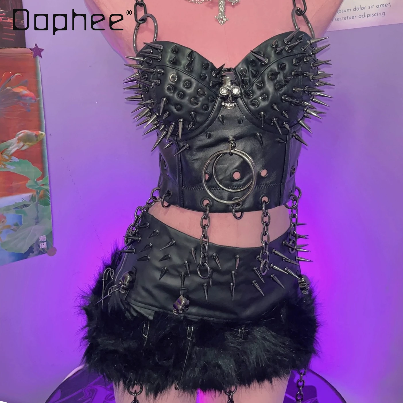 

European American Y2K Hot Girl Sexy Punk Chain Gothic Subculture Rivet Patchwork Camisole Plush Patchwork Mini Skirt Set Women
