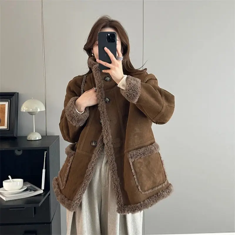 Korean-style Temperament Versatile Loose Coat 2025 New Winter Style Fleece-lined  Thickened  Warm Woolen Coat for Women