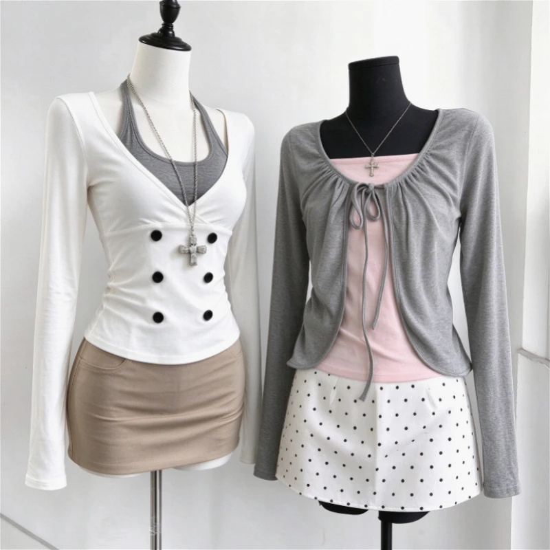 Korean Chic Hot Girls Fake Two‑Piece Long Sleeve Tees American Slim Fit Patchwork Detail Casual Trendy Women New Fashion Tops