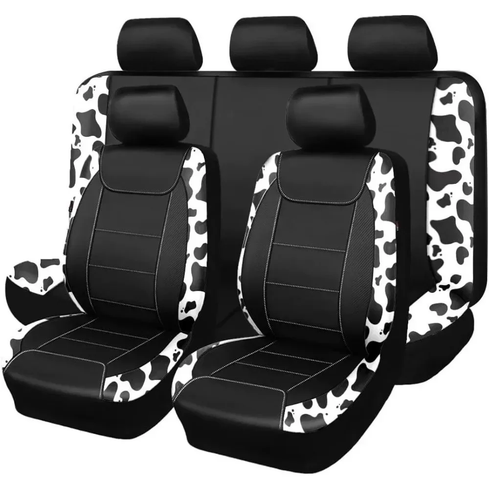 Universal Car Seat Covers PU Leather Woven Texture Spliced Cow & Leopard Print Auto Seat Protector Fit Cars SUV Truck