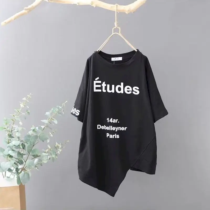 100% Cotton T Shirt Women Fashion Design Niche Letter Round Neck T-shirt Short-sleeved Mid-length Loose Casual Summer Tshirts