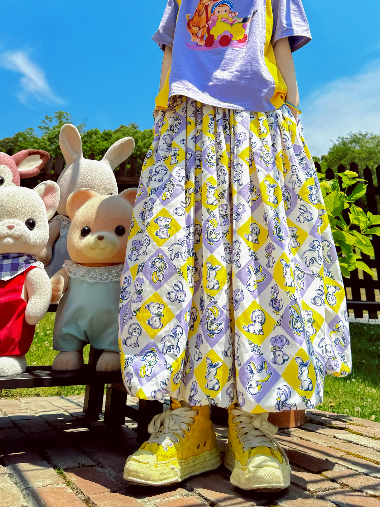 Retro Animal Floral Print High Waist Elastic Loose Puffy Skirt Half Length Color Block Cotton Blend Women's Summer Dress