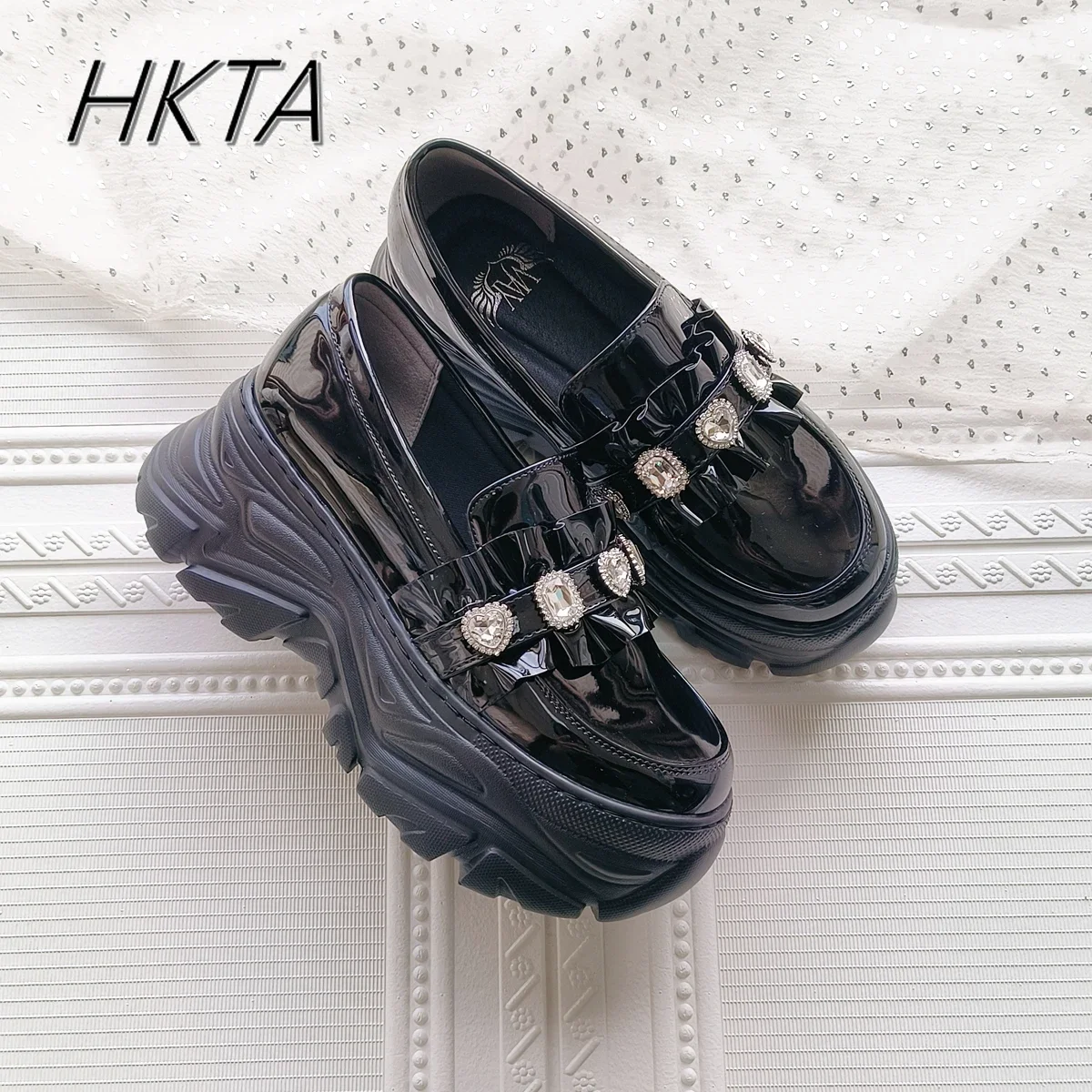 Mine Japanese Rhinestone Patent Leather Muffin Shoes Student Jk Ruffles Sports Shoes Women Heightened Thick Black Leather Shoes