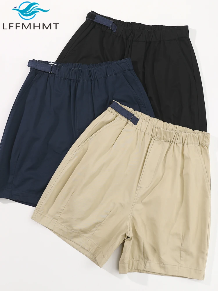100% Cotton Good Quality Summer Fashion Men Cargo Shorts Japan Style Elastic Waist Solid Color Simple Basic Half Length Trouser