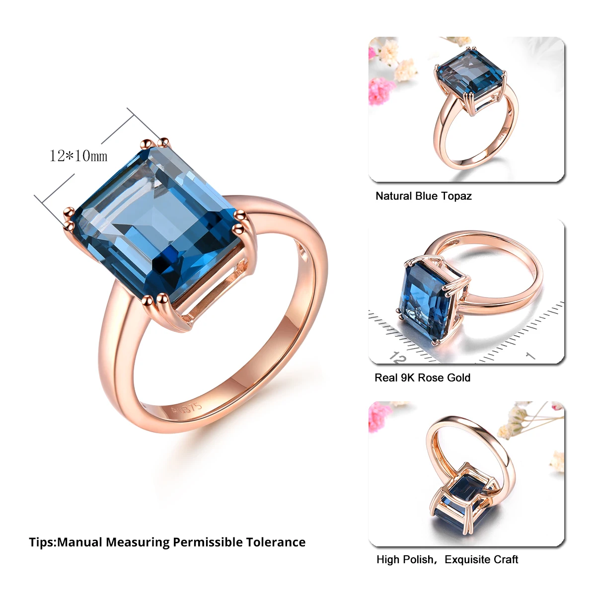 Lohaspie Natural London Blue Topaz Real 9K Rose Gold Ring 6.9 Carats Genuine Gemstone Simple Style Fine Jewelry Women Gift