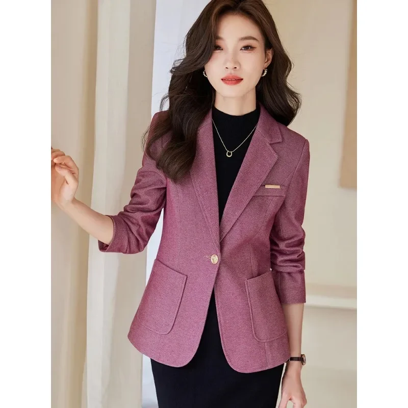 Blazer Formal wanita, jaket lengan panjang musim gugur musim dingin, mantel kerja dengan saku, Blazer modis merah kopi kuning