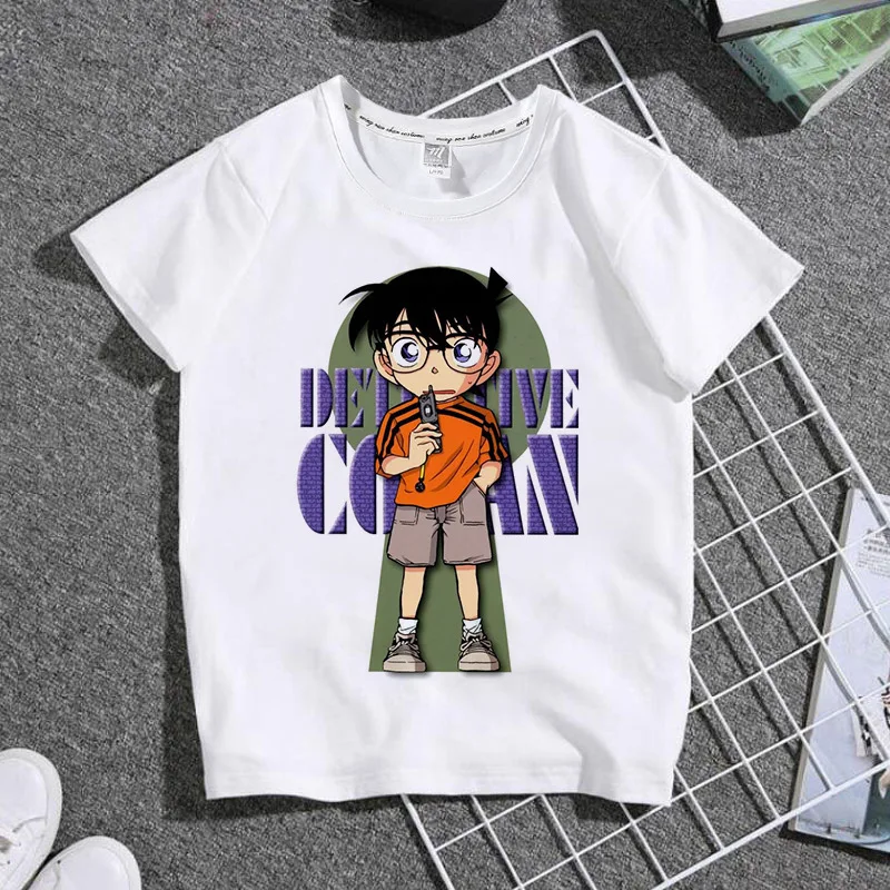 الصيف انمي ياباني اسم المحقق كونان الكرتون القطن الخالص ملابس الأطفال الطلاب جولة الرقبة تي شيرت بأكمام قصيرة