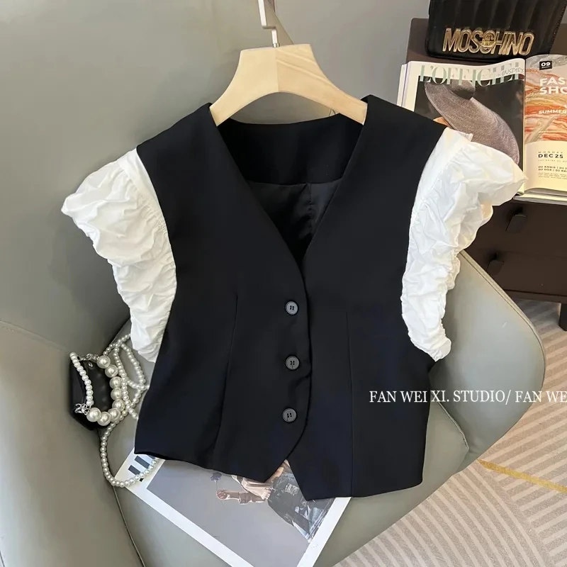 2024 Collar Contrasting Bubble Sleeve Patchwork Suit Vest Jacket Women's Summer Short Top Trend Vest Women