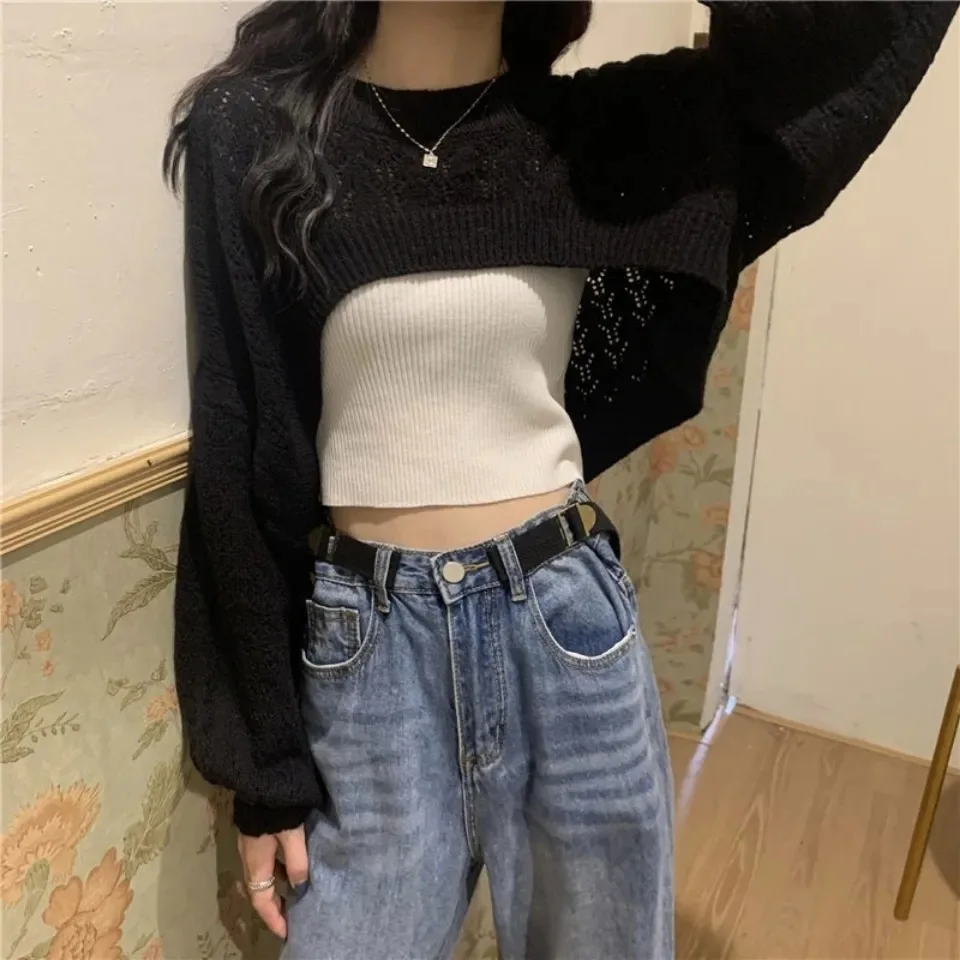 Korea Fashion Hollow Out Women\'s Sweater Loose Extreme Short Top Long Sleeve Knitted Sweater Women Y2k O-Neck TWomen\'s clothing