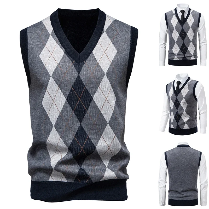 

Мужской вязаный свитер с v-образным вырезом, теплый осенне-зимний свитер с ромбовидной сеткой, витой цветок, повседневный модный универсальный вязаный топ