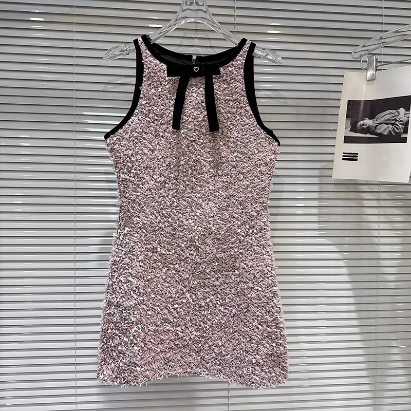 

Korean Summer New Style Bow Tie Tweed Waisted Vest Dresses For Women Elegant O-neck Versatile Sleeveless Dress