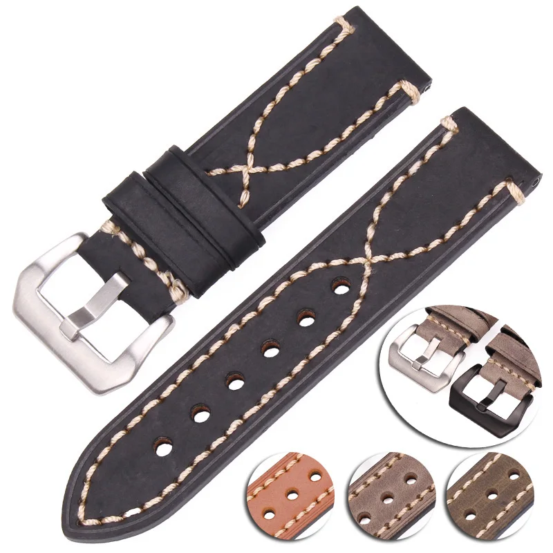 Watchbands 22mm 24mm Genuine Leather Watch Strap Women Men Manual Cowhide Band Silver Black Buckle