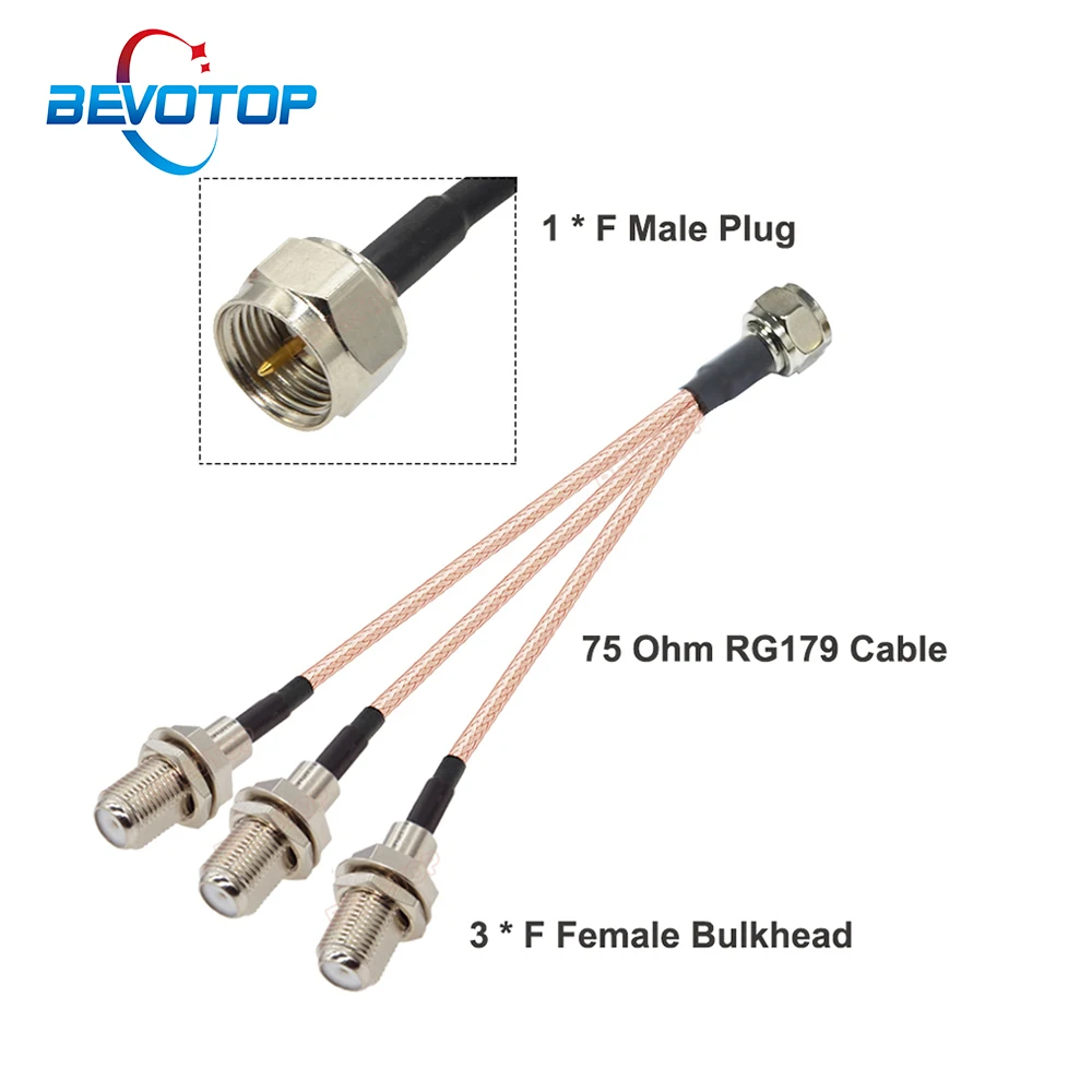 1PCS F Male to 3 F Female Bulkhead 1 to 3 F Splitter Cable 75 Ohm RG179 Pigtail Jumper TV Antenna Extension Cable 15CM 6