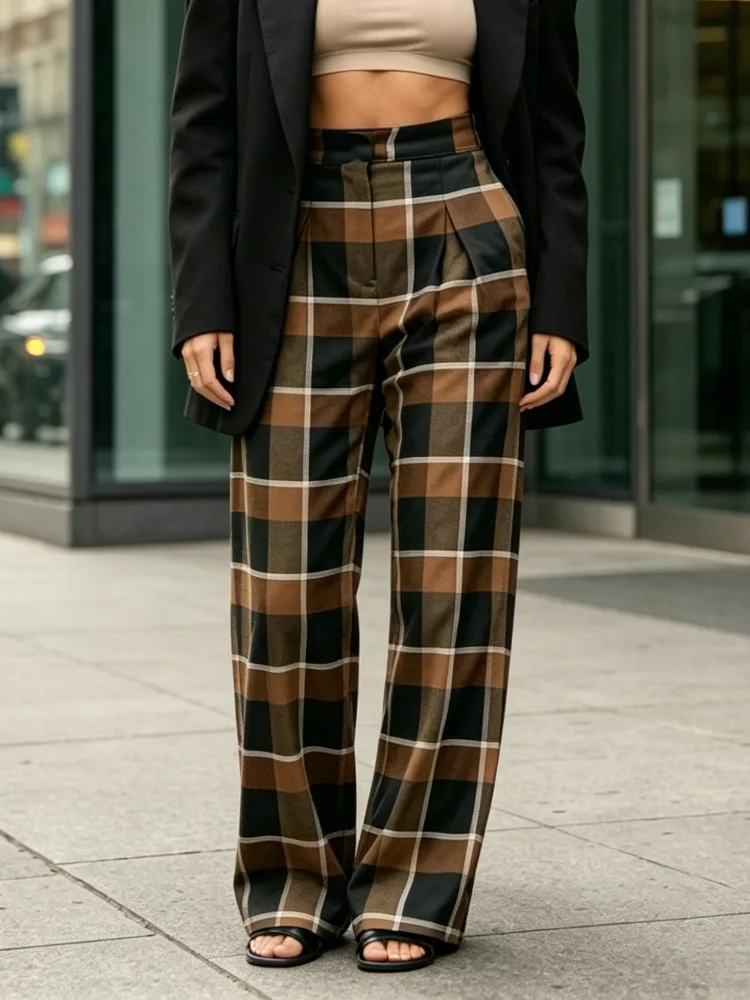 

Casual Women's Plaid Long Pants Fashion Loose Button Pleated Elegant Office Commute Wide Leg Trousers for Female Urban