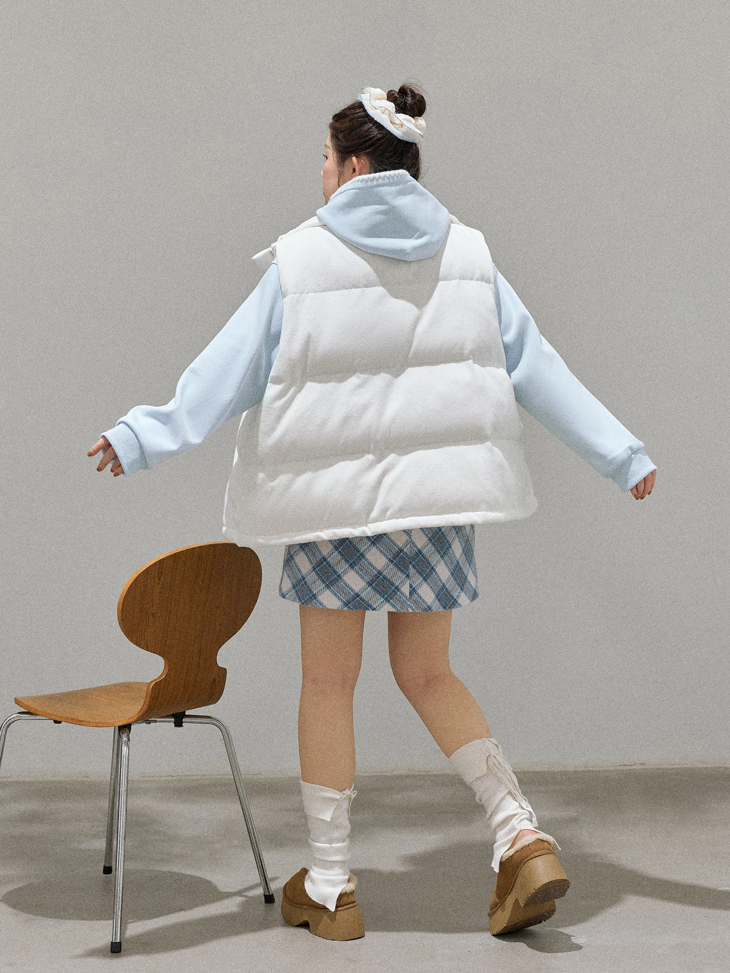 Conjunto de Sudadera Azul Entallada y Falda a Cuadros para Mujer, Otoño Invierno, Talla Grande, Estilo Coreano, Cuello Redondo, Falda de Cintura Alta en Línea A