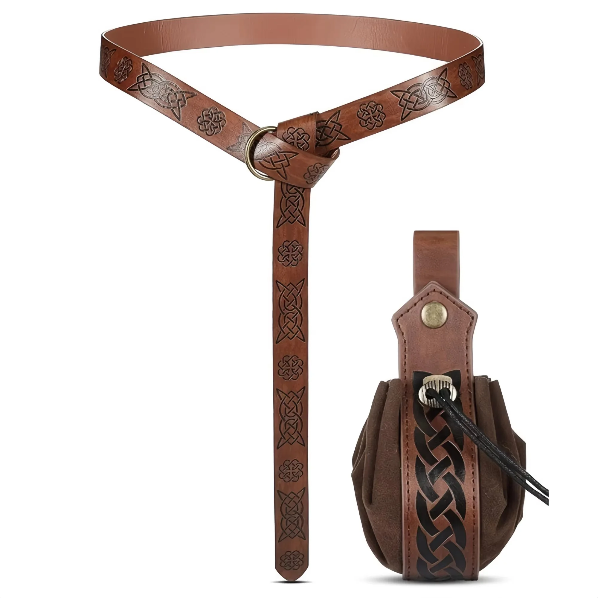 2PCS Vintage Embossed Leather Belt Set: Leather Waist Belt with Drawstring Coin Pouch, Medieval Festival Costume Accessories