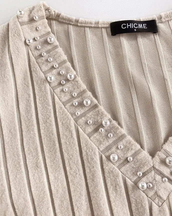 Damska Bluzka Wiosna Jesień 2025 Nowa Jednolita Kolor Dekolt V Długi Rękaw Modna Wąska Pasek Ozdobne Koraliki Casualowa Koszulka Top