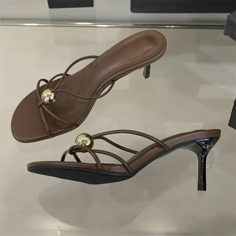 Aneikeh Design Narrow Band Hollow Out Thin Low Heels Women Slippers Fashion Round head Stripper Party Dress Female Summer Shoes