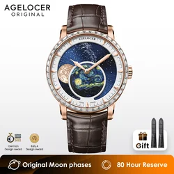 AGELOCER Original Astronomer Watch Men Gold Watch Mechanical Automatic Moonphase Watch Diamond Watch Birthday Gift for Men