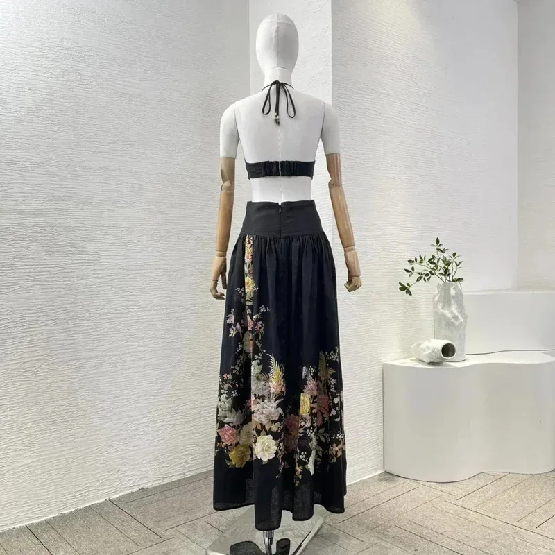 2025 New Holiday Design Cut Out Re-tro Floral Print Pure Linen High Quality Halter Pleats Women Maxi Black Dress