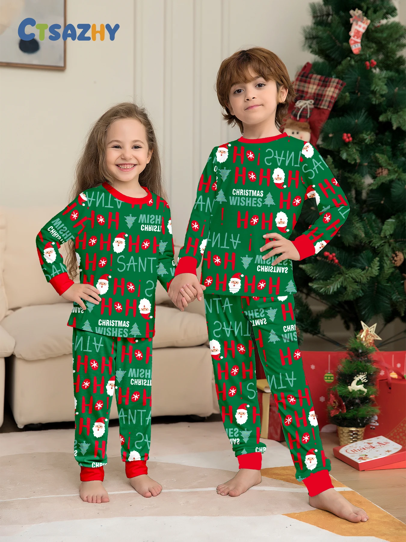 

Kids Christmas Pajamas Set - Santa, "CHRISTMAS WISHES", Snowflake & Tree Print Green Pajamas