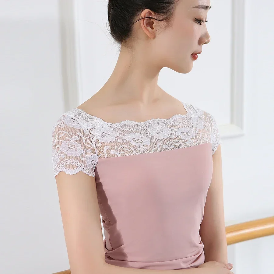 

Women T shirt Ballet Crop Top Lace Dance Tops Ballerina Dancewear Short Sleeve Ballet Clothes Classic Costumes for Dancing Tops