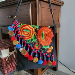 HOT women Cross bag Black canvas summer bags woman 2023 Ethnic style embroidered bag Pompon handmade bags Cover women's bags