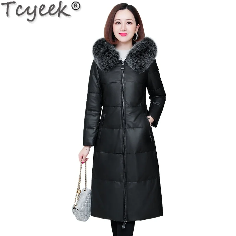 Tcyeek Daunenjacke aus echtem Leder, Winterjacken für Damen, warmer Fuchspelzkragen, mittellanger Schaffellmantel, Damenbekleidung mit Kapuze