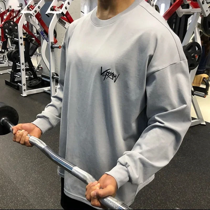 Men\'s Gym Fitness Casual Long Sleeve T-shirt Male O-Neck Bodybuilding Tees Running Sports Loose Sweatshirts Workout Clothing