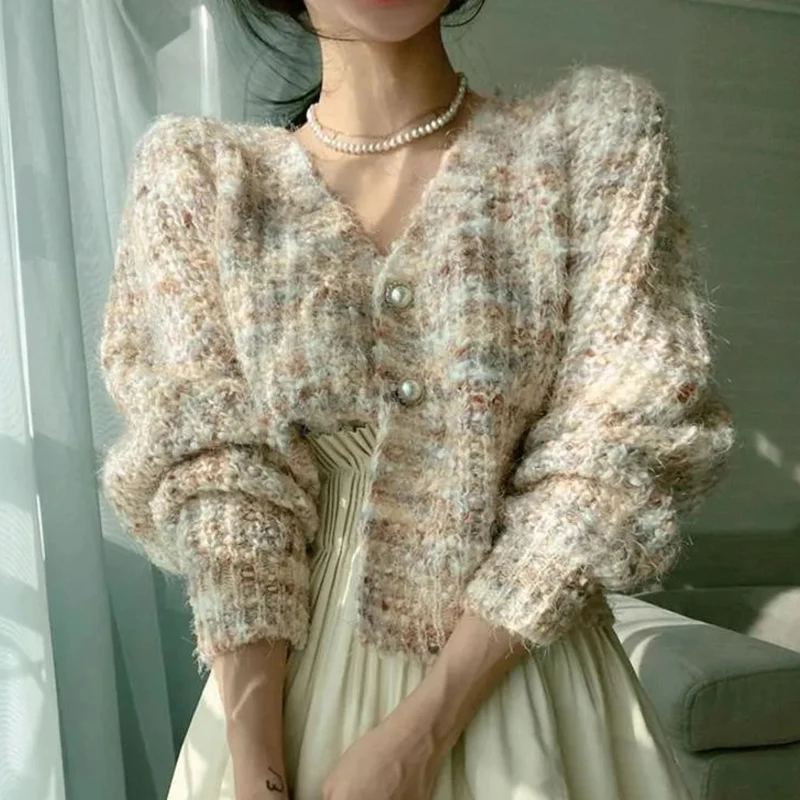 

Korean Fashion Colors Sweet Cardigan Women Sexy Slim Cropped Knitted Sweater Vintage Casual Fall Elegant Button V Neck Fall Tops