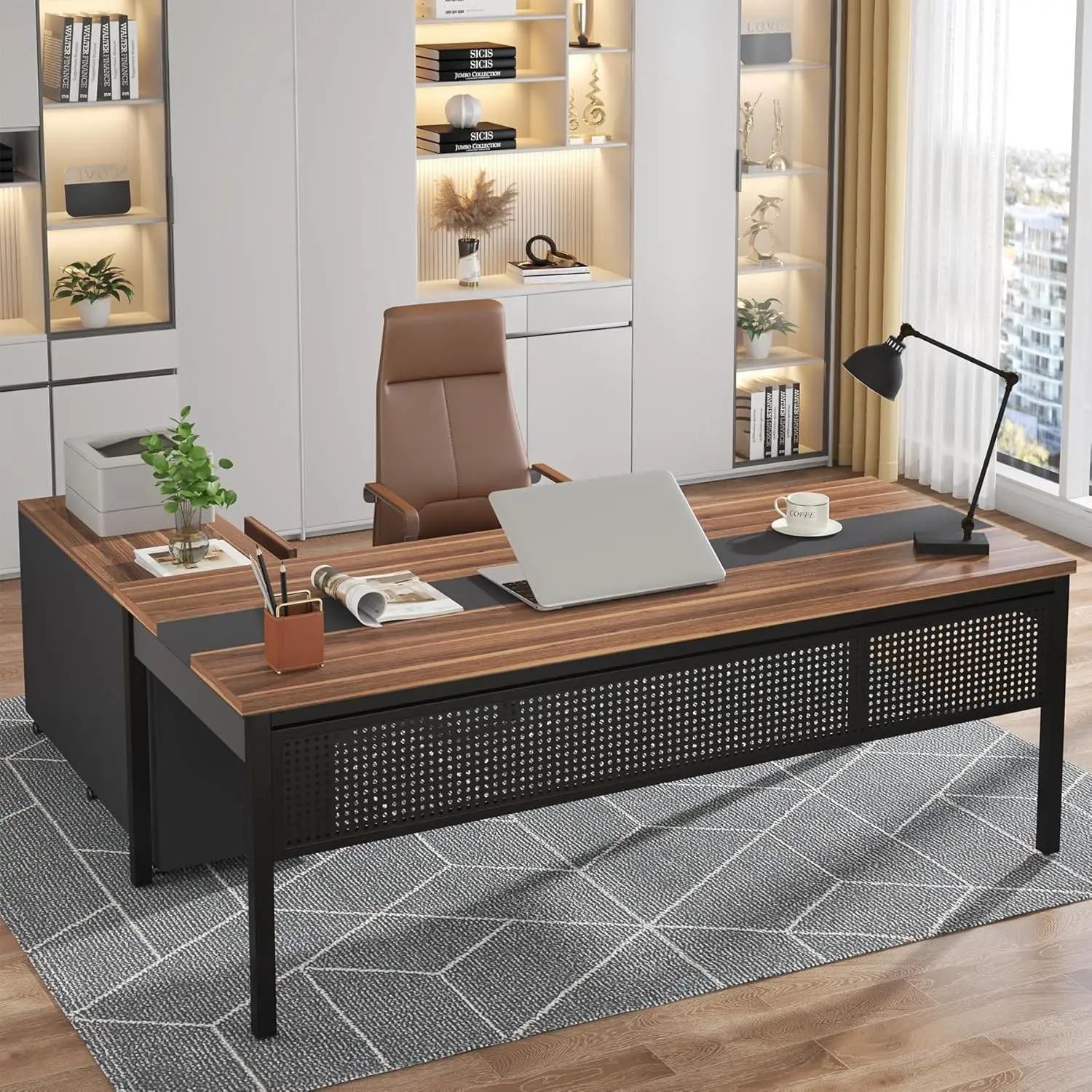 Lateral File Cabinet Combo, L-Shaped Computer Desk 2 Piece Business Furniture with Drawers and Shelves, Home Office Workstation