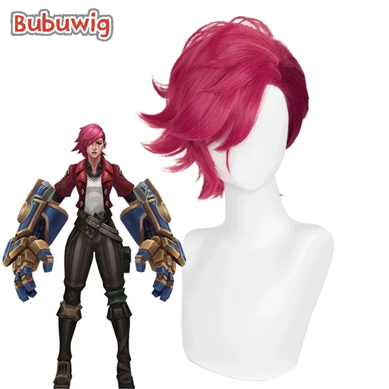 Bubuwig Synthetic Hair  LOL Arcane Vi Cosplay Wig Women 30cm Short Straight Hot Pink Party Wigs Heat Resistant