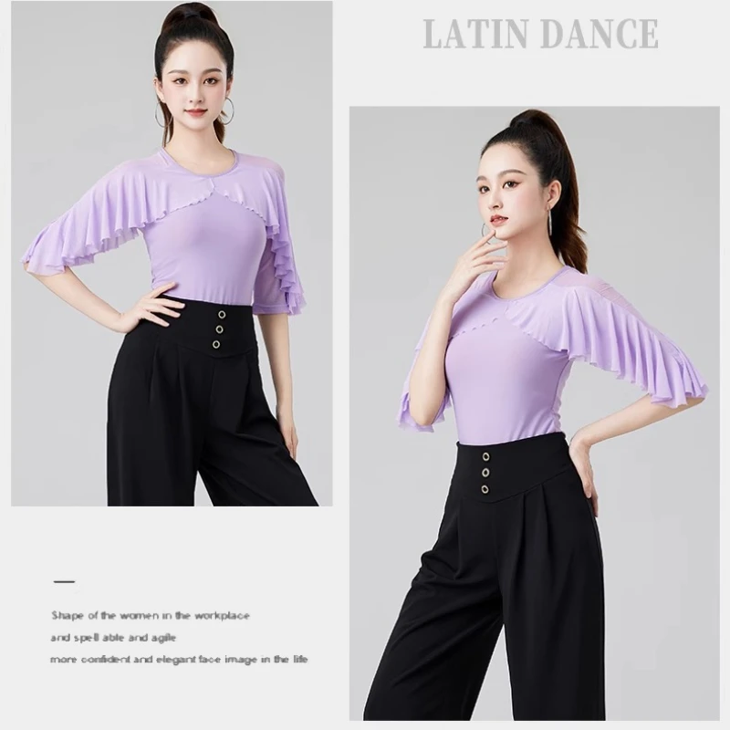 Haut de danse latine pour femmes adultes, nouveau Costume à manches en feuille de Lotus, pour salle de bal, Samba, spectacle de danse moderne, robe d'entraînement de danse