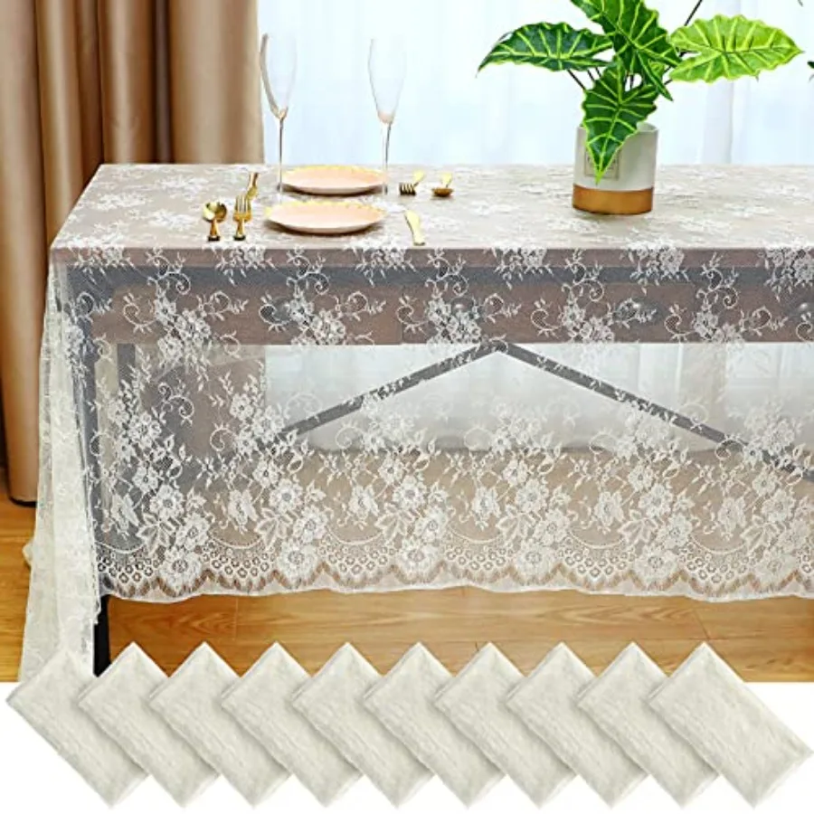 

Ivory Lace Tablecloths - 10 Pack, 59 x 118 Inches, Floral Lace Embroidered Rectangle Table Overlay for Wedding, Baby Shower, Pa