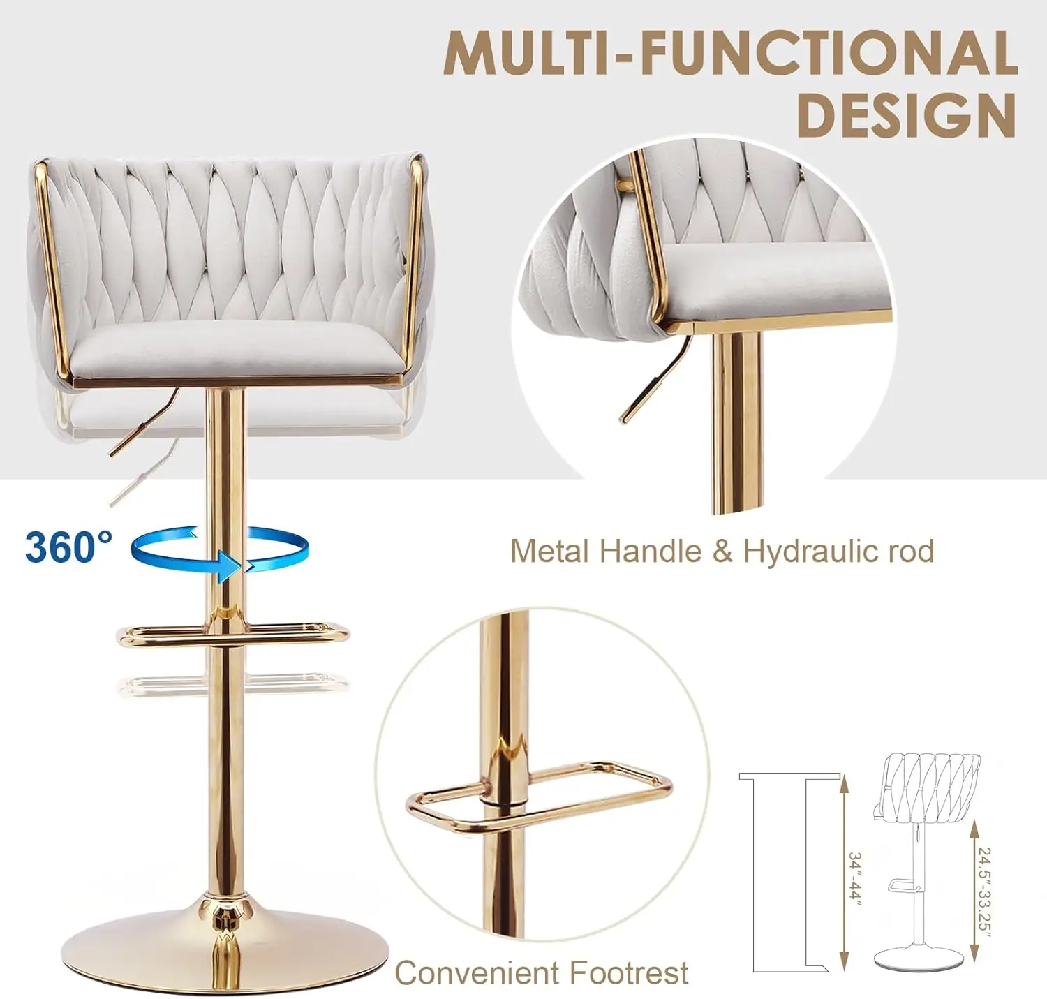 طقم مقاعد بار مخملية مكونة من قطعتين، ارتفاع عداد دوار، قابل للتعديل مع ظهر منسوج ومسند للقدمين، عاجي