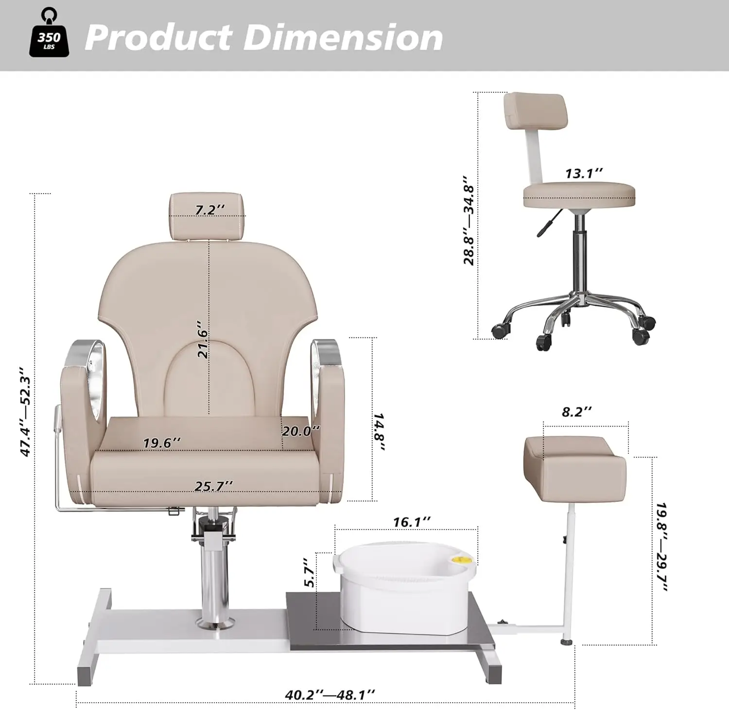 Reclining Pedicure Chair with Stool, Adjustable Pedicure Station,Pedicure Chair No Plumbing for Nail Tech, 360 Degree Swivel Foo