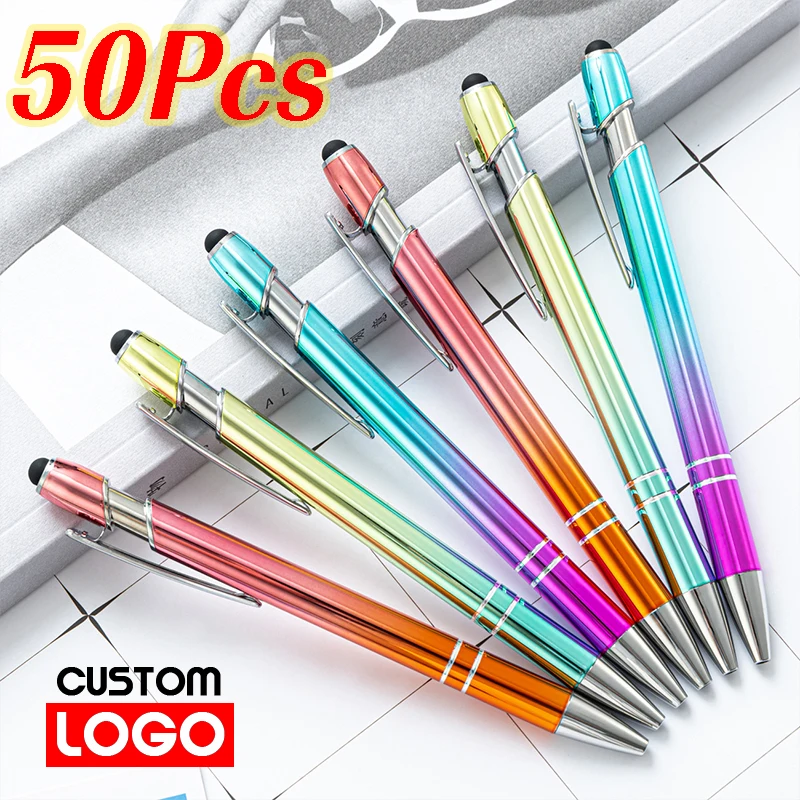 

50 шт., металлическая шариковая ручка, офисная школьная реклама, ручка для сенсорного экрана, индивидуальный логотип, гравировка текста, лазерная гравировка, индивидуальный логотип
