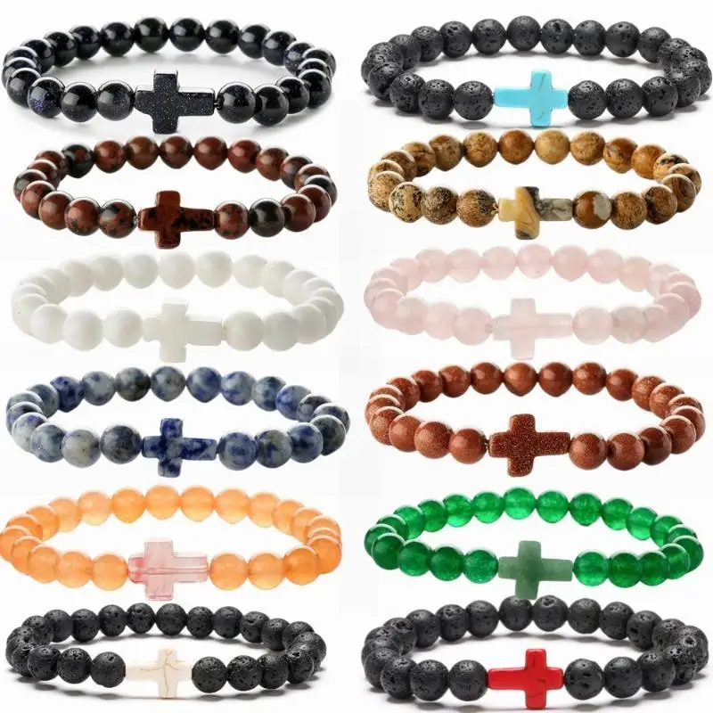 Handcrafted Natural Stone Cross Beaded Bracelet Elastic Stretch Bangle Yoga Jewelry Gift for Yoga Lovers