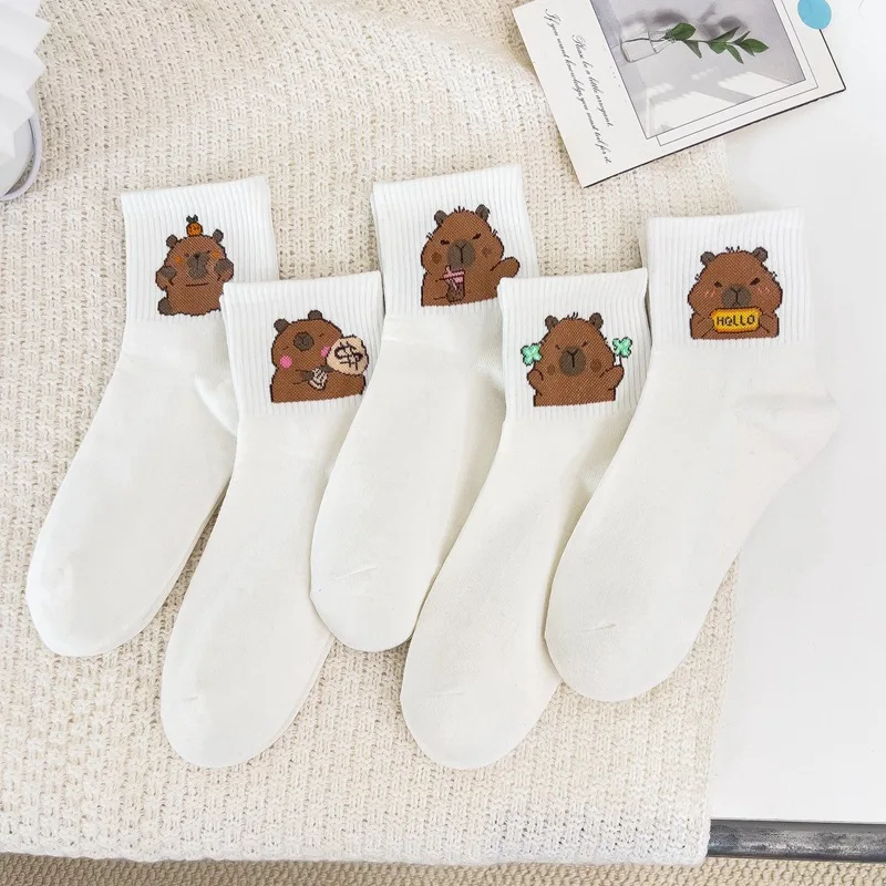 Autumn Winter Women's Socks Cartoon Cute Capybara Combed Cotton Girls Socks Fashion Funny Solid Color Simple Mid-tube Wholesale