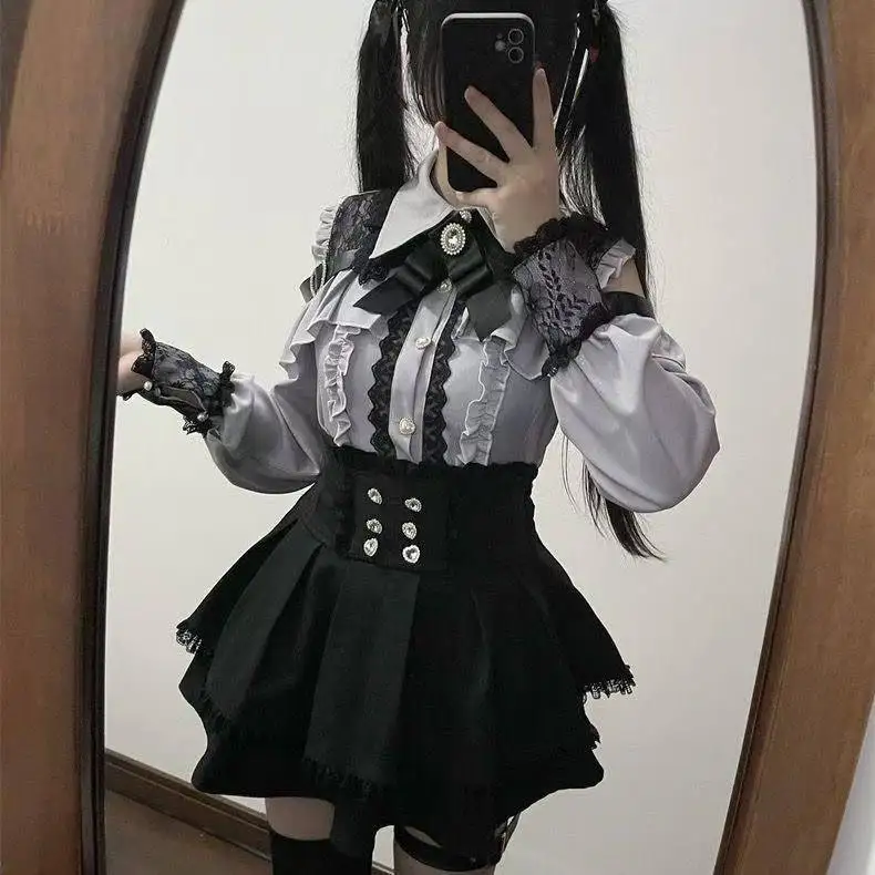 2025 النمط الياباني تنورة قصيرة مجموعة القوطية كشكش التنانير الصغيرة مثير الدانتيل قبالة الكتف لوليتا قميص ثوب Faldas Y2k البدلة الجمالية