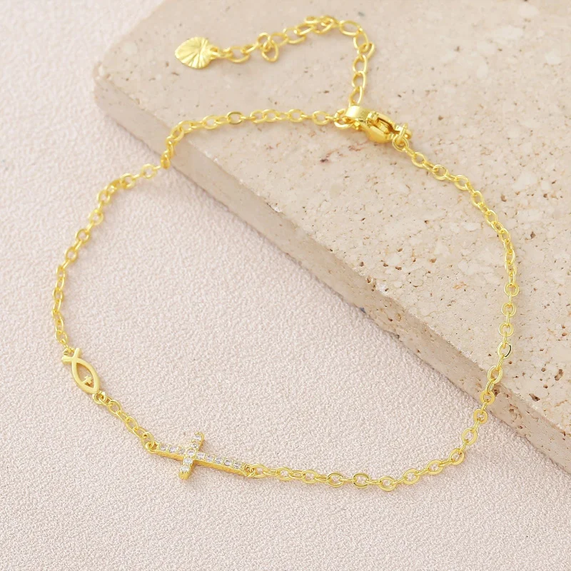 Luxury 100% Real 24K Gold Fish Cross Micro Pave Zircon Pendant Heart Tail Bead Charm Bracelet for Women