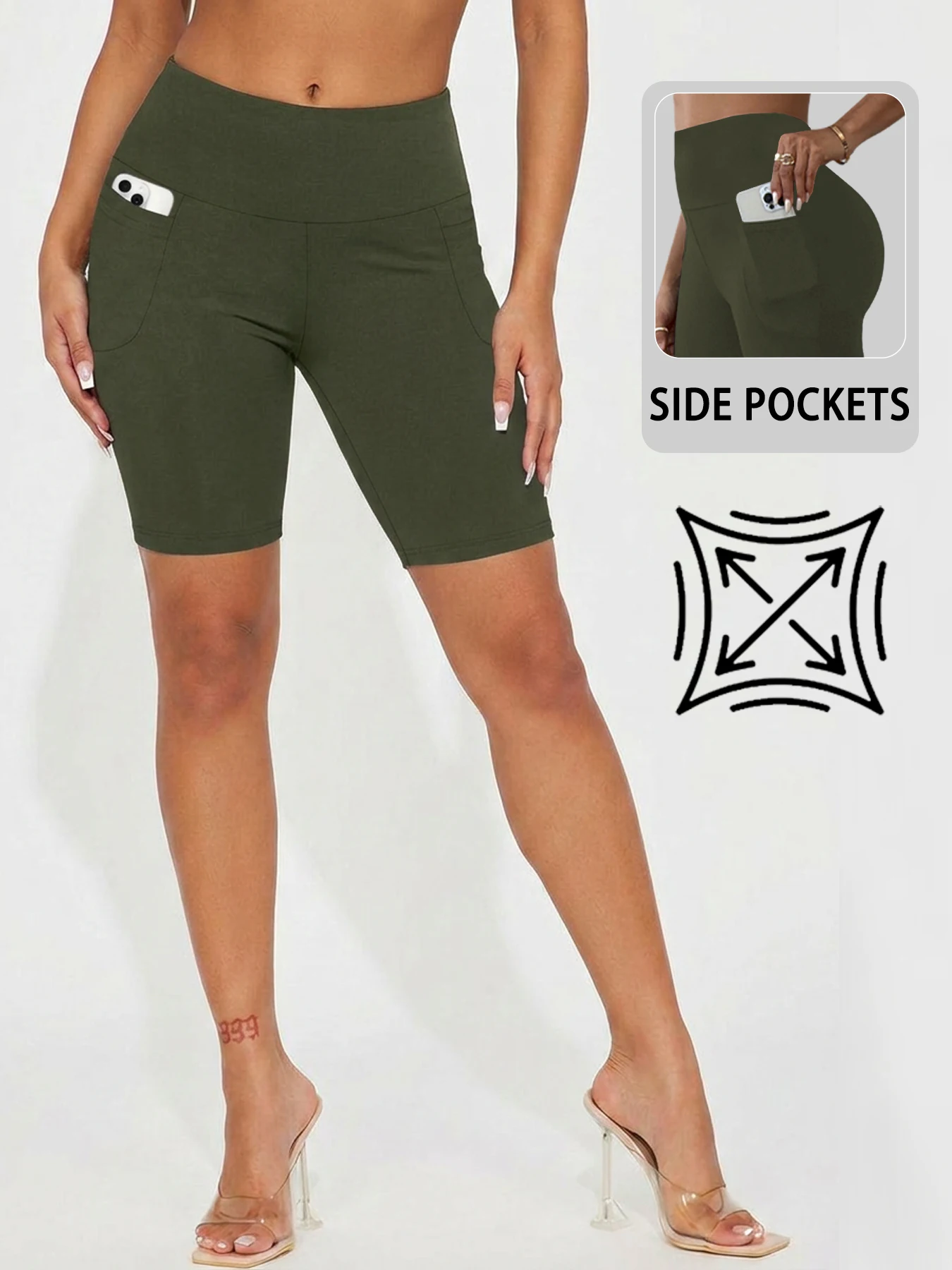 Hoch taillierte Biker-Shorts für Damen mit Taschen, superweiche, bauchkontrollierende Workout-, Lauf-, Yoga- und Sportshorts – Detail 10