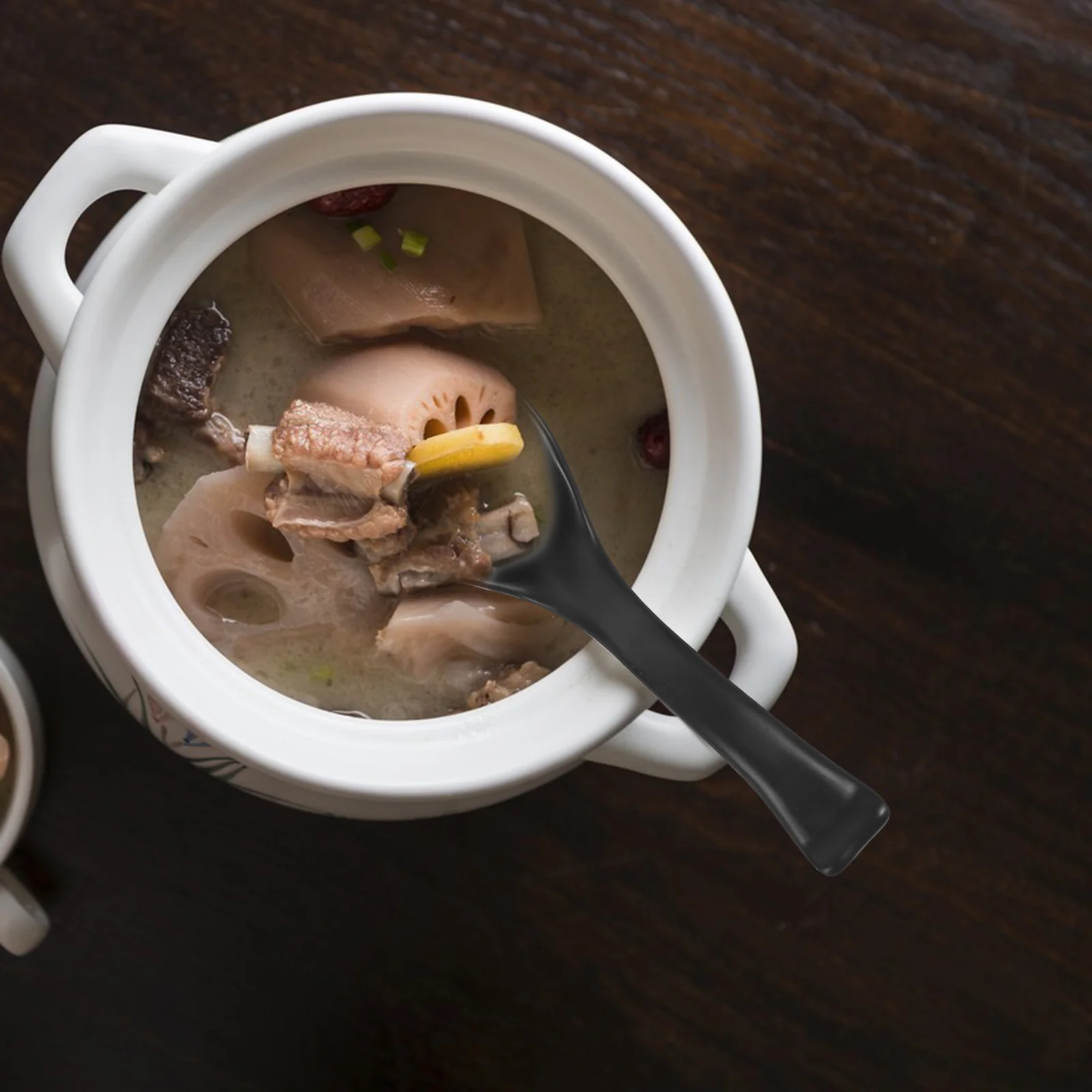 

6pcs Plastic Soup Spoons Melamine Long Handle Spoon Black Frosted Resistant Staining Chipping Fade Compact Travel Camping Hiking