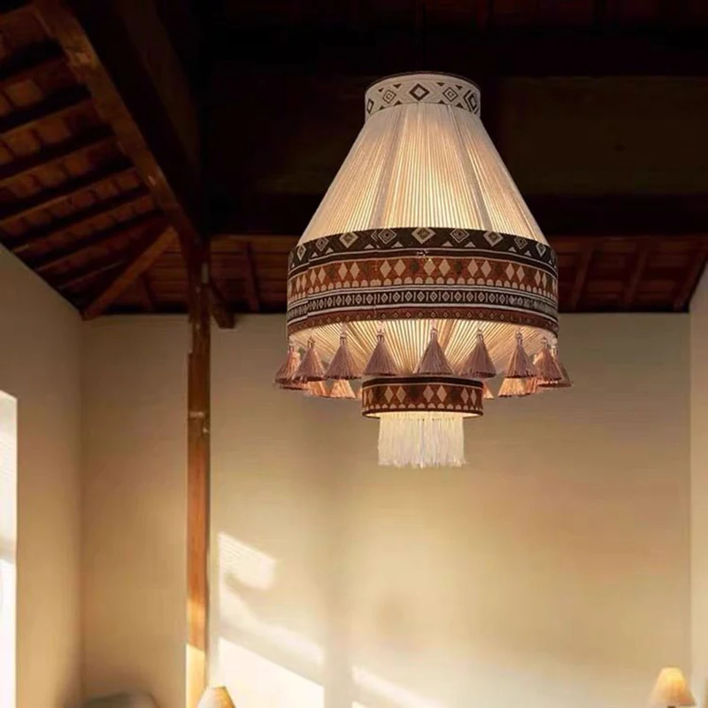 Bohemian Moroccan Cotton Linen Rope Cloth Pendant Lamps for Bedroom Living Room Hotel Restaurant Tassel Chandelier Light E27