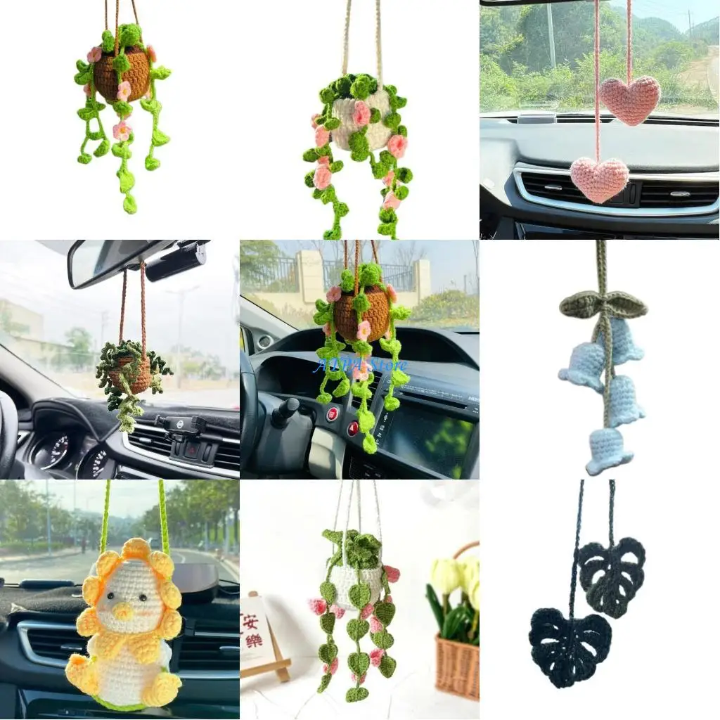 

U13C Hand Knitting Potted Plant Ornament Car Decoration Hand-woven Crochet Flower