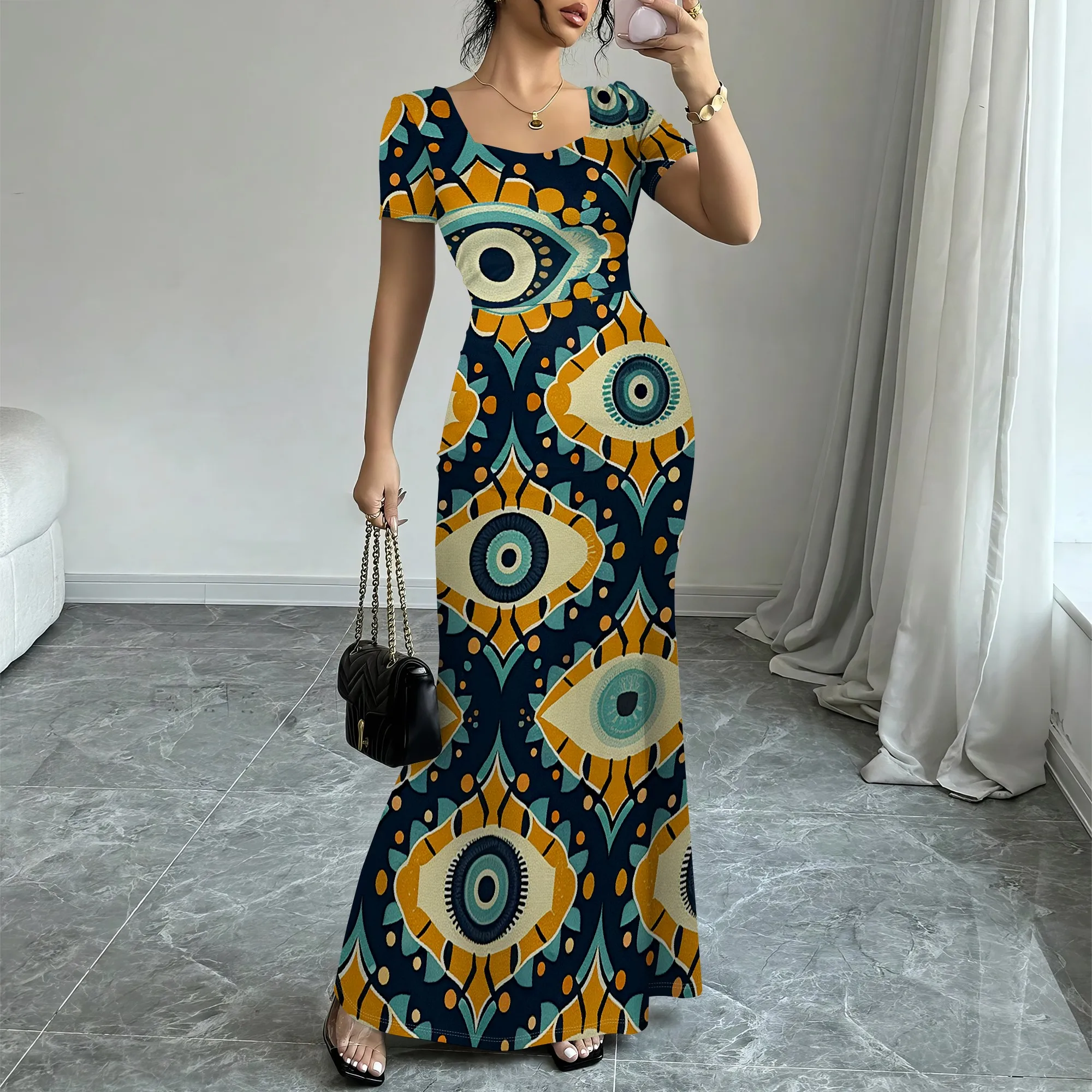 

Women's Boho Evil Eye Print Maxi Dress Short Sleeve Square Neck Bodycon Summer Beach Party Vacation Slim Fit XS-3XL
