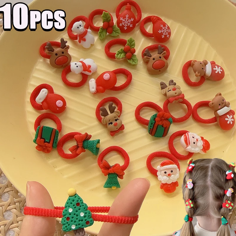 

10Pcs Children's Christmas Headdress Cute Hair Tie Rubber Band Santa Claus Festive Hair Accessories Holiday Parties Decorations