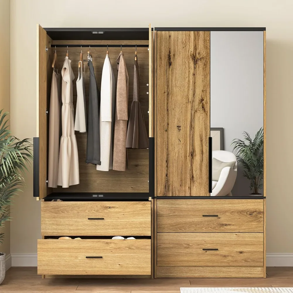 Mirrored Door Wooden Armoire with Hanging Space and Two Drawers for Bedroom Storage