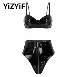 Leather Bikini Lingerie Set Womens Sexy Wet Look Bra Top with Zipper Crotch Briefs Underwear Black Latex Pole Dancing Clubwear