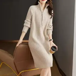 Autumn Winter New Turtleneck Long Sleeve Knitted Dress Women High Street Zipper Patchwork Dresses Elegant All-match Vestidos